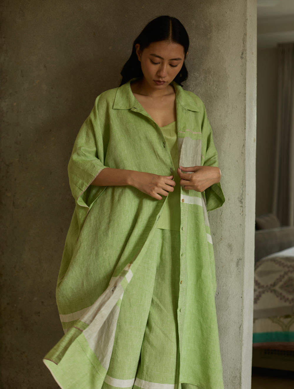 Bora Colour-Blocked Linen Kaftan-Meadow