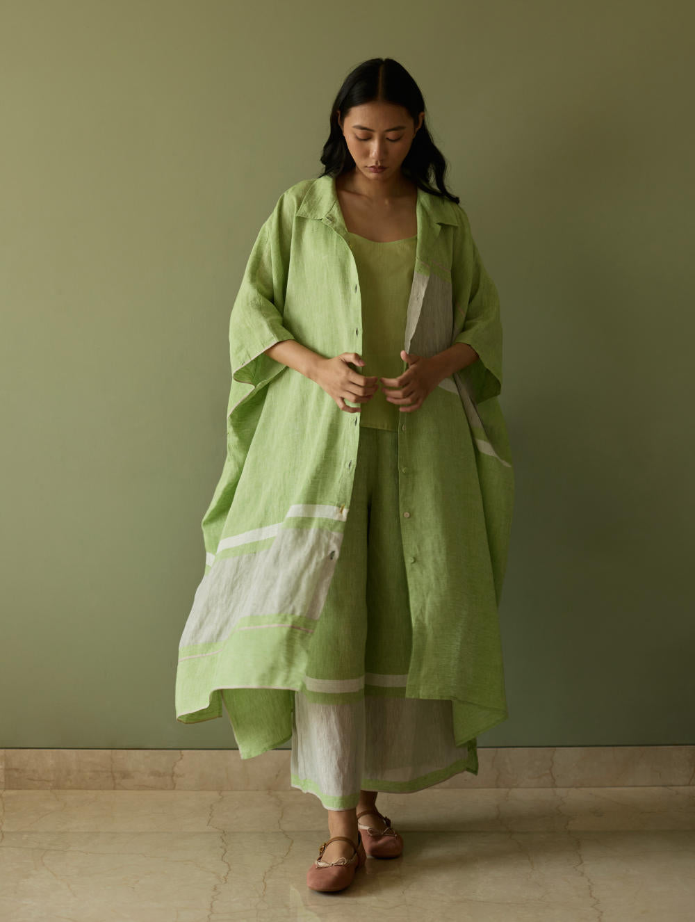 Bora Colour-Blocked Linen Kaftan-Meadow