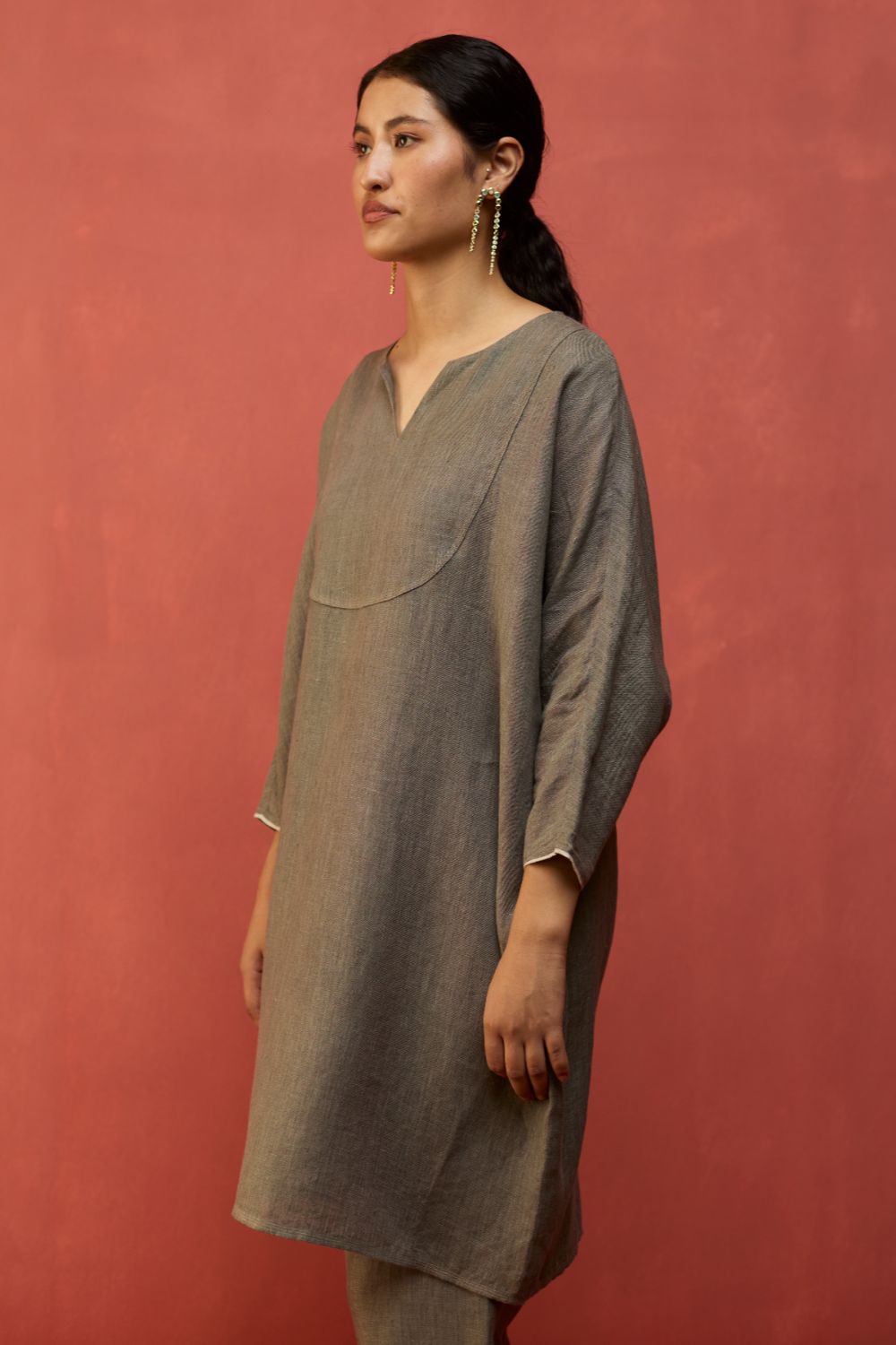 Etsu Yoke Linen Kurta Set - Grey