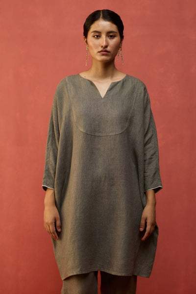 Etsu Yoke Linen Kurta Set - Grey