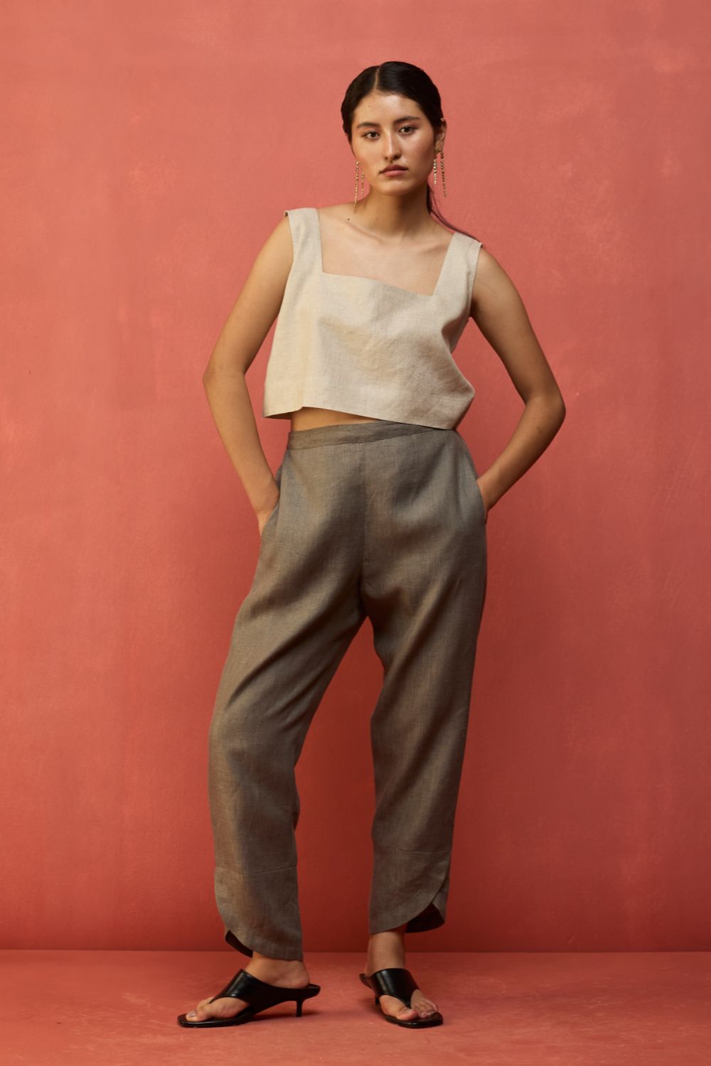 Etsu Yoke Linen Kurta Set - Grey