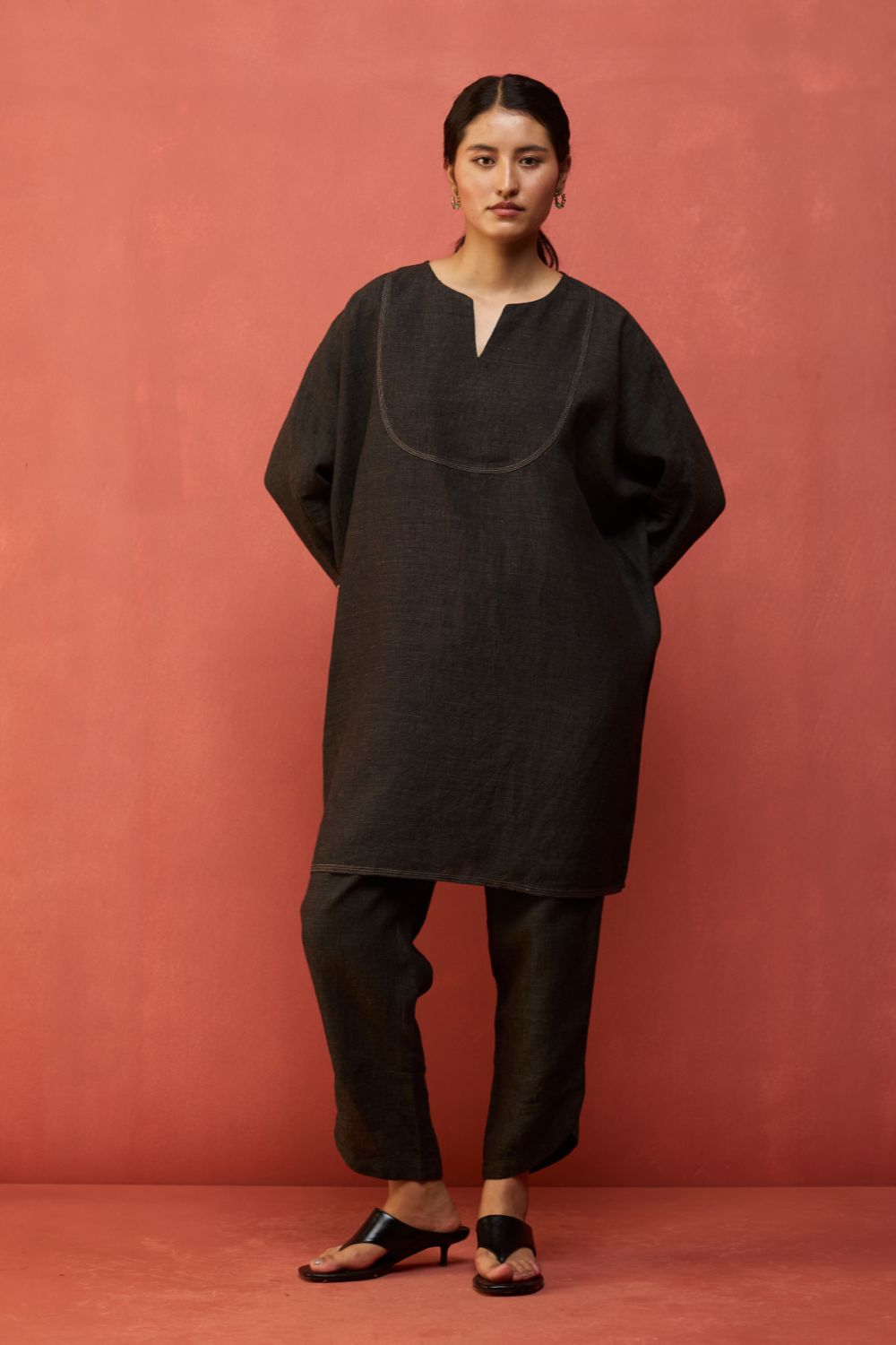 Etsu Yoke Linen Kurta Set - Grey