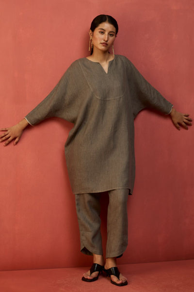 Etsu Yoke Linen Kurta Set - Grey