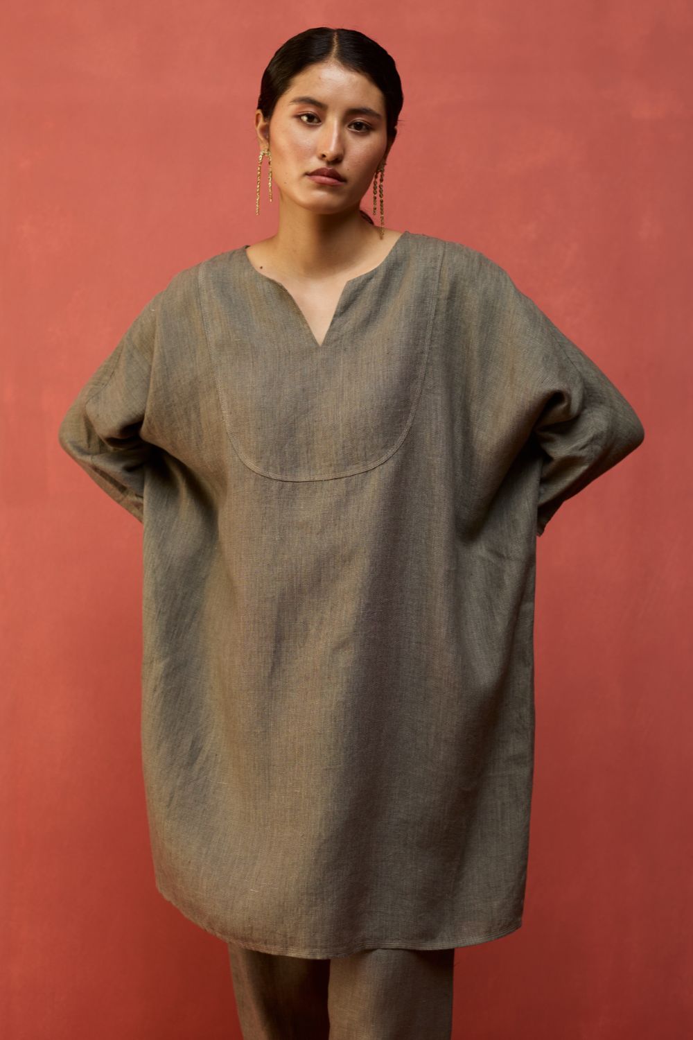 Etsu Yoke Linen Kurta Set - Grey