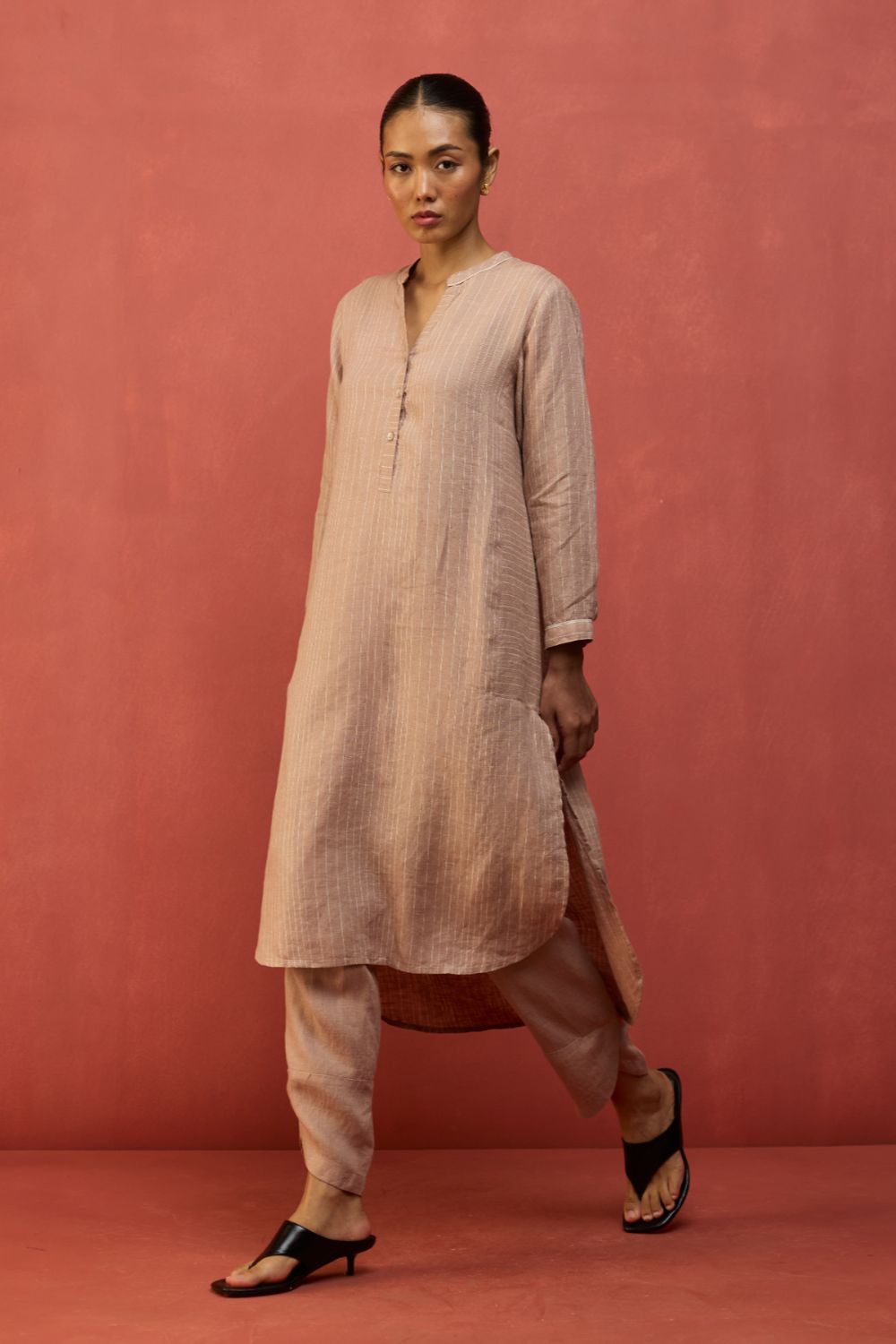 Bunka Stripe Linen Kurta Set - Dusty Rose
