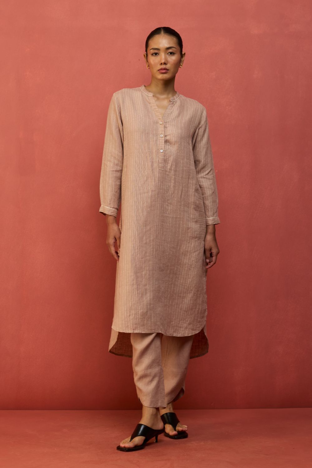 Bunka Stripe Linen Kurta Set - Dusty Rose