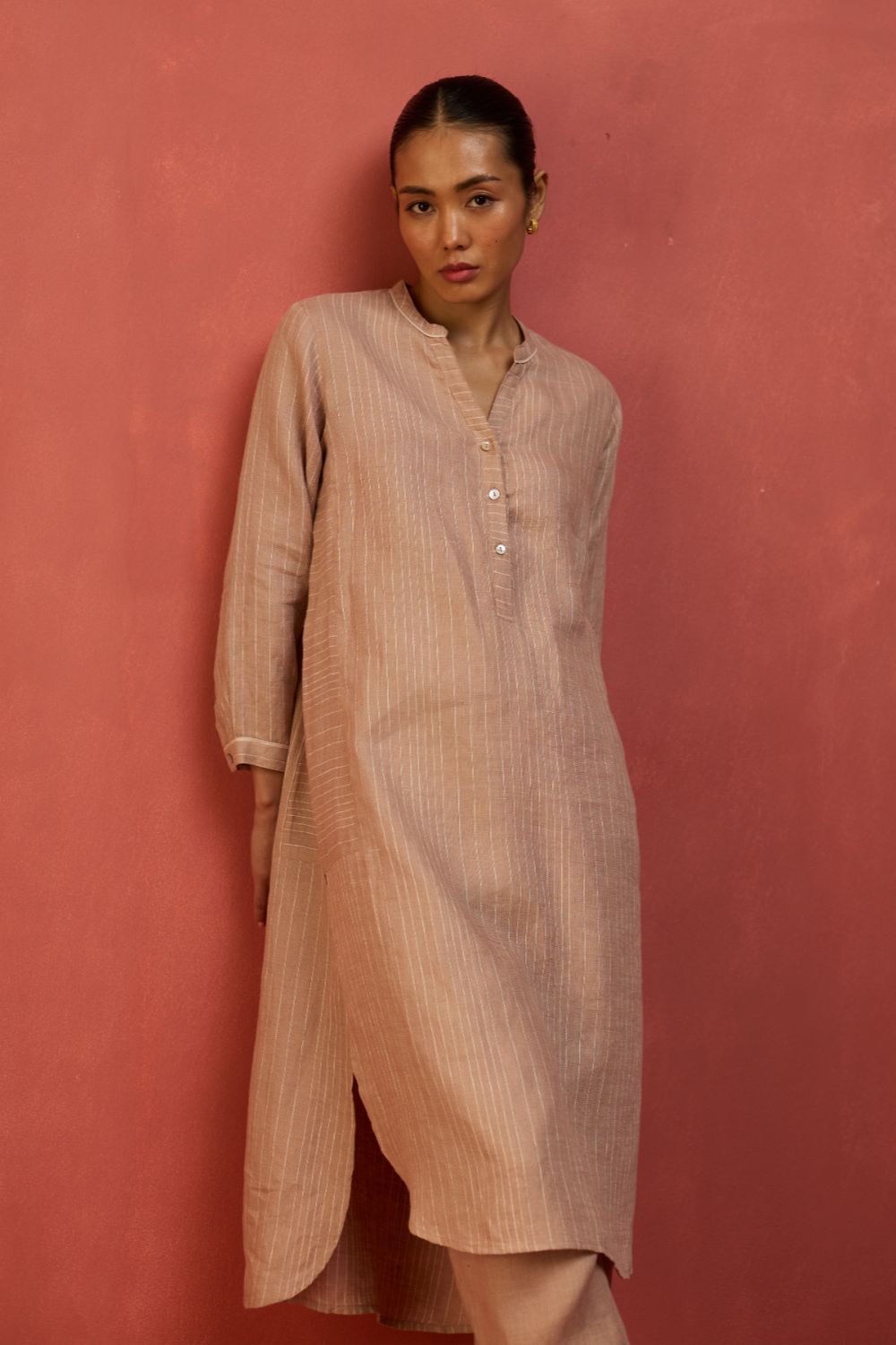 Bunka Stripe Linen Kurta Set - Dusty Rose