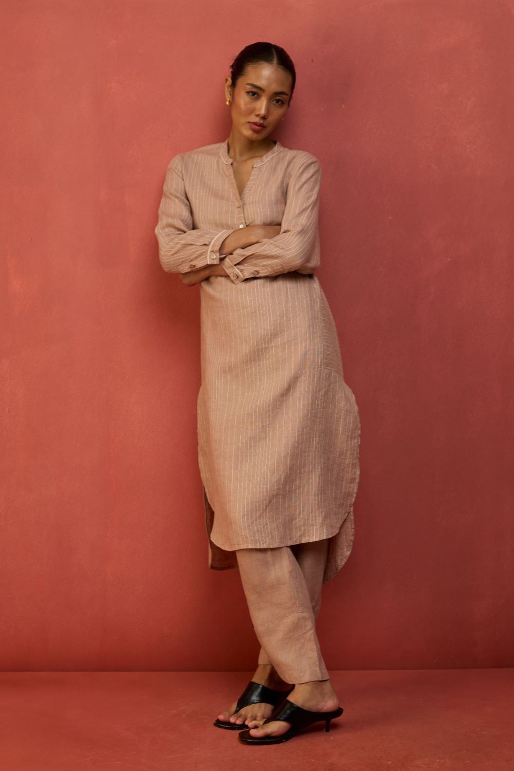Bunka Stripe Linen Kurta Set - Dusty Rose
