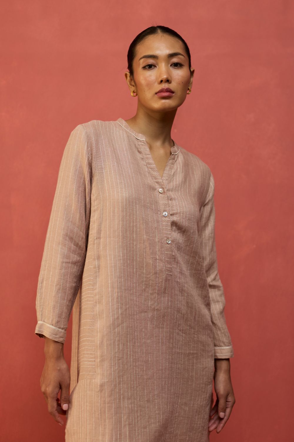 Bunka Stripe Linen Kurta Set - Dusty Rose