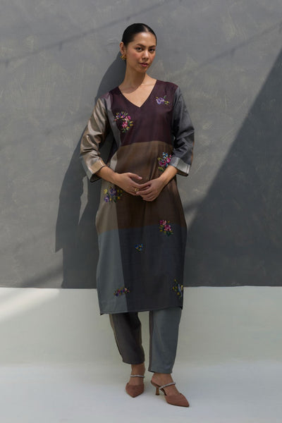 Nira Hand-Embroidered Kurta Set -  Taupe Grey