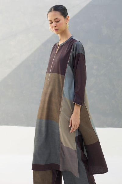 Warda Angrakha Eri Silk Kurta Set  - Taupe Grey
