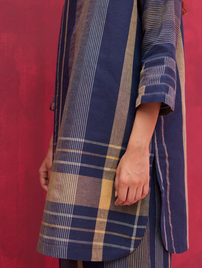 Rina Check Linen Kurta Set - Navy