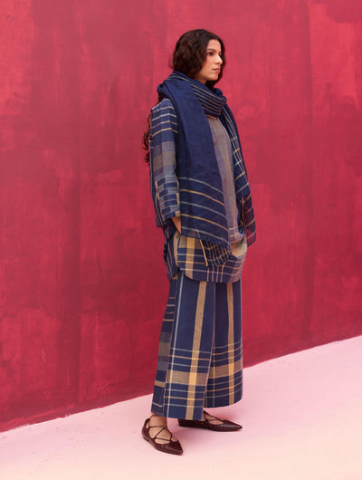 Rina Check Linen Kurta Set - Navy