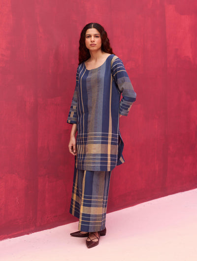 Rina Check Linen Kurta Set - Navy