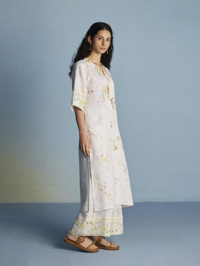 Para Hand-Embroidered Linen Kurta Set  - White