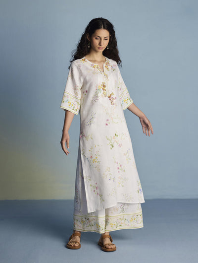 Para Hand-Embroidered Linen Kurta Set  - White