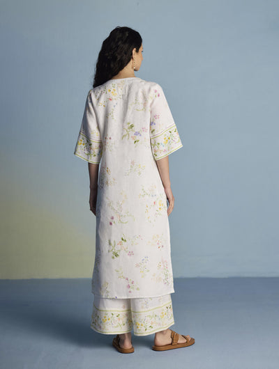 Para Hand-Embroidered Linen Kurta Set  - White