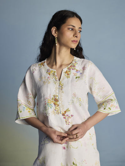 Para Hand-Embroidered Linen Kurta Set  - White