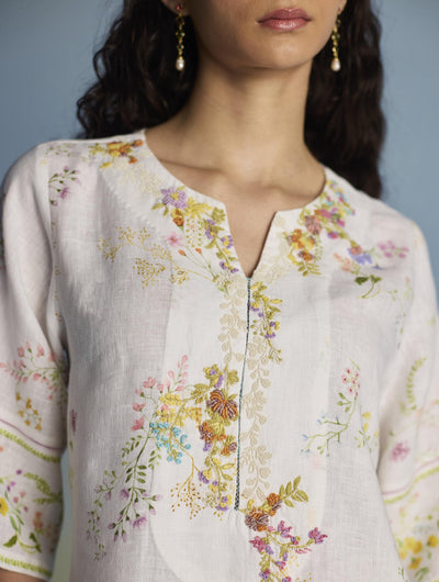 Para Hand-Embroidered Linen Kurta Set  - White