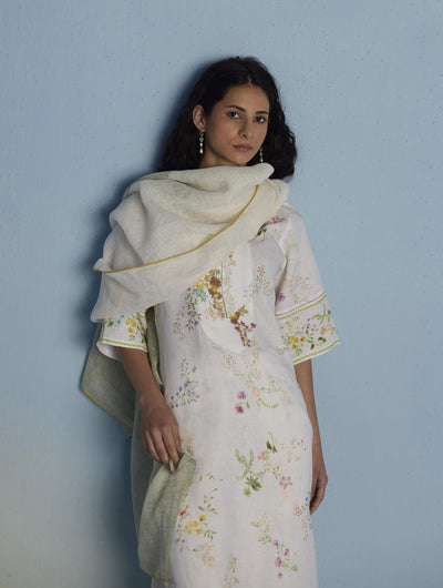 Para Hand-Embroidered Linen Kurta Set  - White