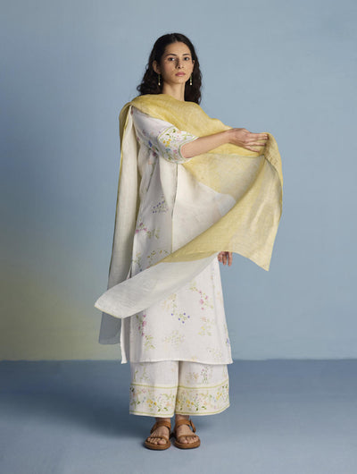 Para Hand-Embroidered Linen Kurta Set  - White