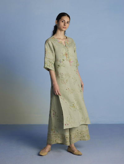 Para Hand-Embroidered Linen Kurta Set  - Mint