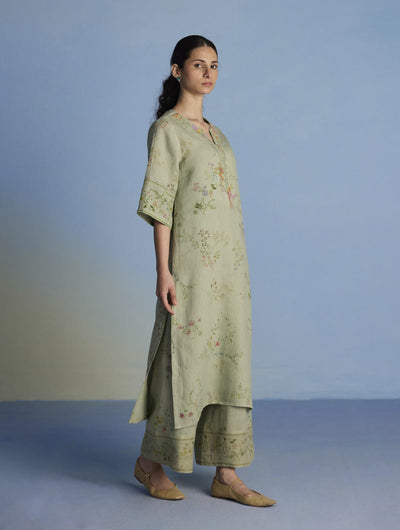 Para Hand-Embroidered Linen Kurta Set  - Mint