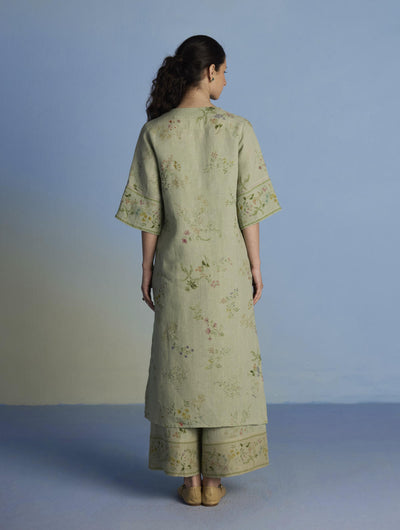 Para Hand-Embroidered Linen Kurta Set  - Mint