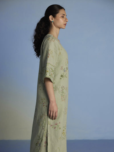 Para Hand-Embroidered Linen Kurta Set  - Mint