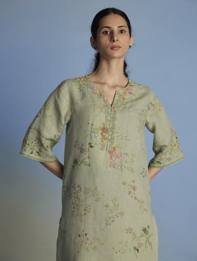 Para Hand-Embroidered Linen Kurta Set  - Mint