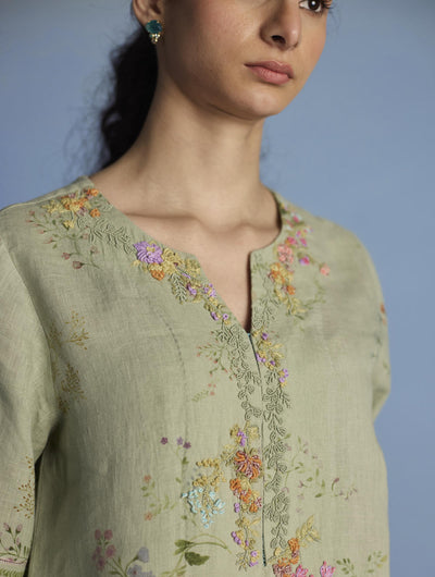 Para Hand-Embroidered Linen Kurta Set  - Mint