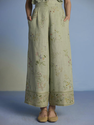 Para Hand-Embroidered Linen Kurta Set  - Mint