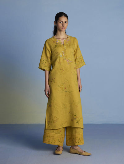 Para Hand-Embroidered Linen Kurta - Ochre