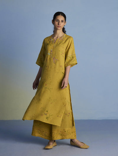 Para Hand-Embroidered Linen Kurta Set  - Ochre