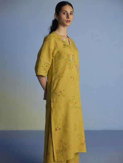 Para Hand-Embroidered Linen Kurta Set  - Ochre