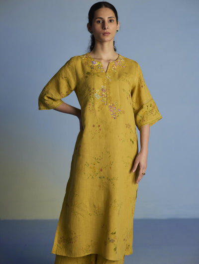 Para Hand-Embroidered Linen Kurta Set  - Ochre