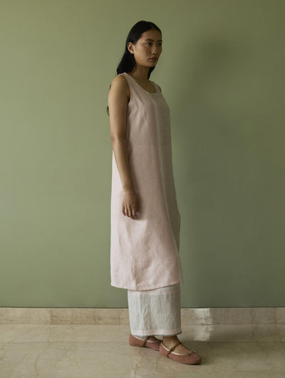 Yara Sleeveless Border Linen Kurta-Blush