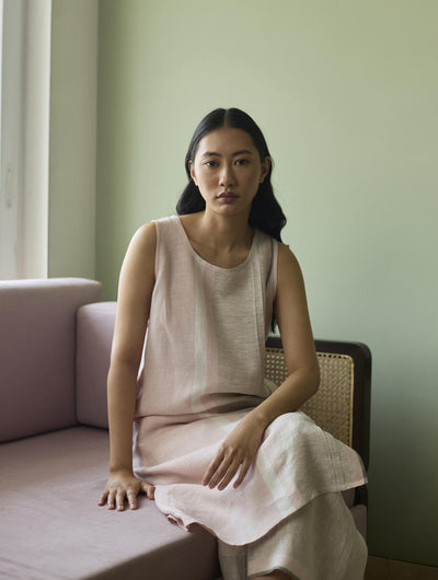 Yara Sleeveless Border Linen Kurta-Blush