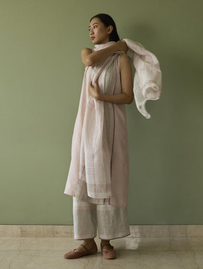 Yara Sleeveless Border Linen Kurta-Blush