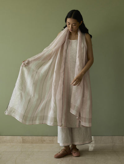 Yara Sleeveless Border Linen Kurta-Blush