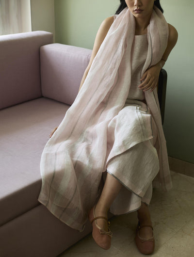 Yara Sleeveless Border Linen Kurta-Blush