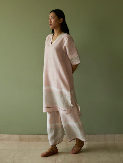 Iva Pleated Border Linen Kurta Set-Blush