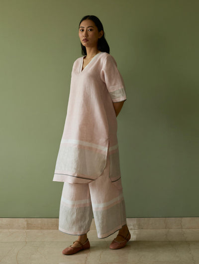 Iva Pleated Border Linen Kurta Set-Blush