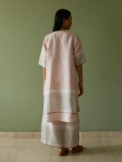 Iva Pleated Border Linen Kurta Set-Blush