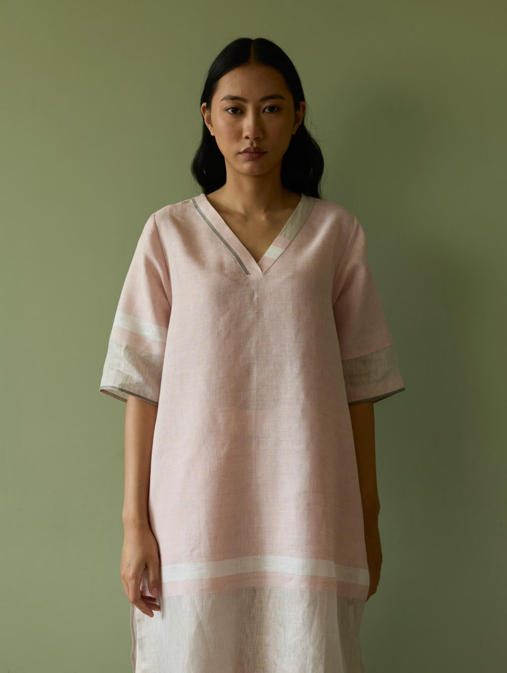 Iva Pleated Border Linen Kurta Set-Blush