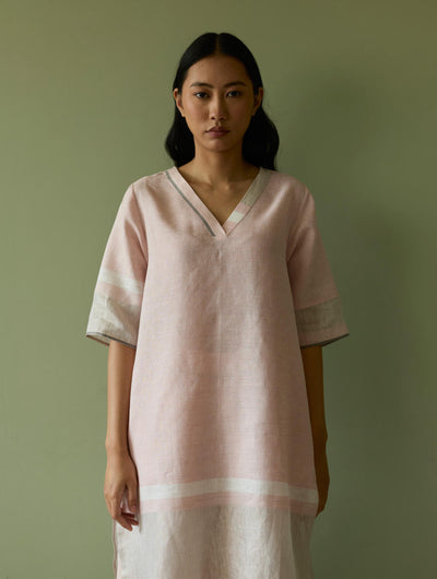 Iva Pleated Border Linen Kurta Set-Blush