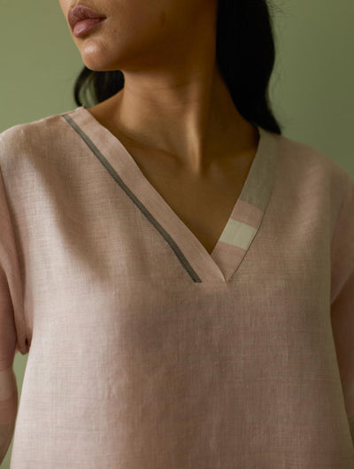 Iva Pleated Border Linen Kurta Set-Blush