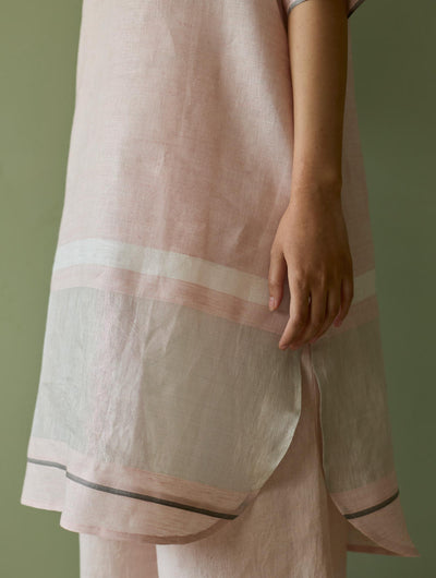 Iva Pleated Border Linen Kurta Set-Blush