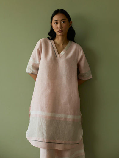 Iva Pleated Border Linen Kurta Set-Blush