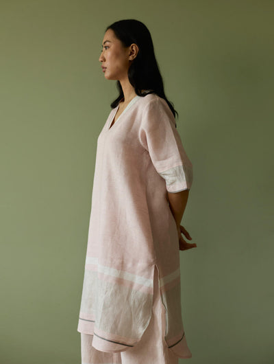 Iva Pleated Border Linen Kurta Set-Blush